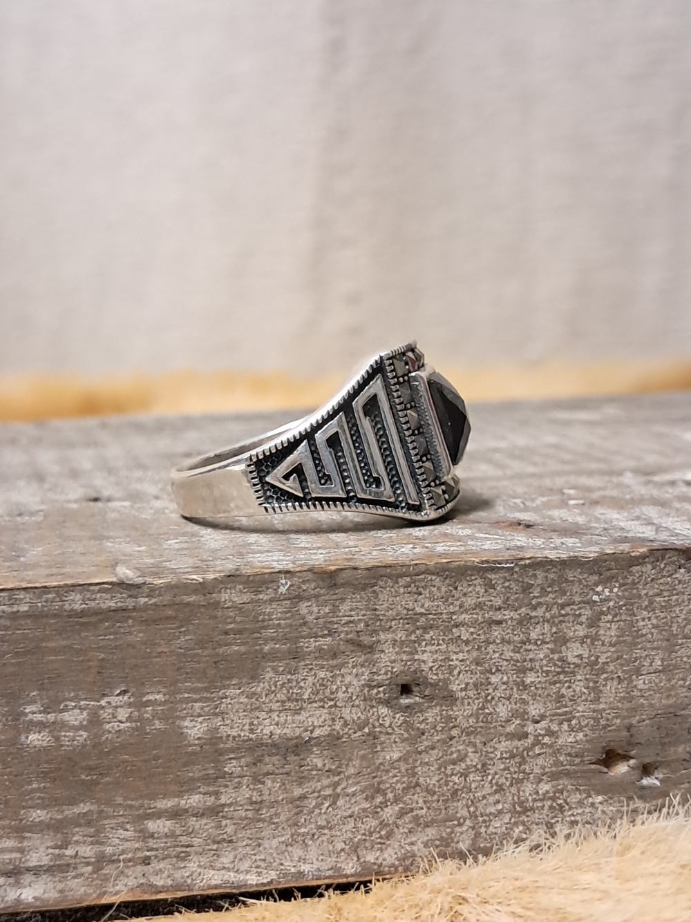 Vintage Art Deco 925 Sterling Silver Black Onyx Signet Ring Size 10.5 - Picture 5 of 7